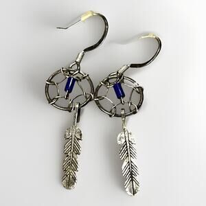 VTG Native American Sterling Silver Dream Catcher Beaded Feather Dangle Earrings
